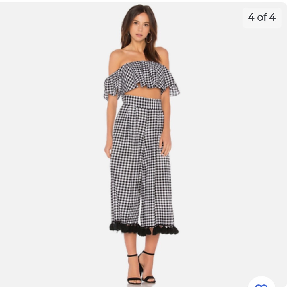 MISA Lunna Off Shoulder Check Print Crop Top Blouse Black & White XS